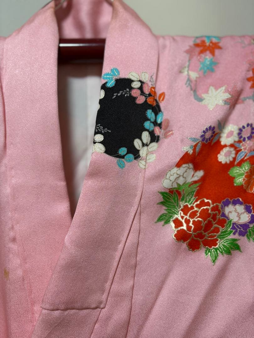 七五三　7才お嬢様　振袖　長襦袢　高級　正絹　金箔細工　優しいピンクグリーン