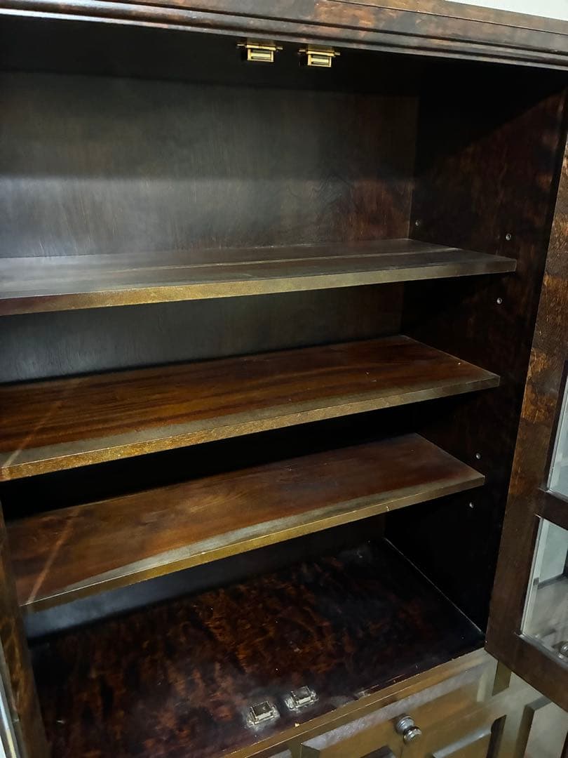 ☆送料込み☆ 民芸　民藝　木製食器棚 ダークブラウン ガラス扉付き