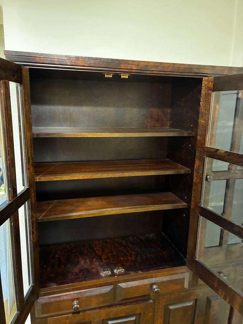 ☆送料込み☆ 民芸　民藝　木製食器棚 ダークブラウン ガラス扉付き