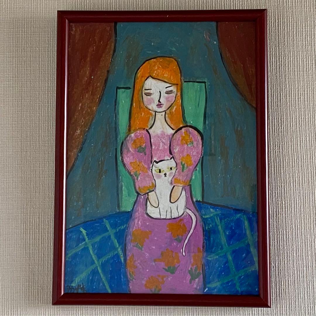 絵画。壁掛け絵原画手描き【ピンクのスカートを着て白い猫を抱いている女の子】