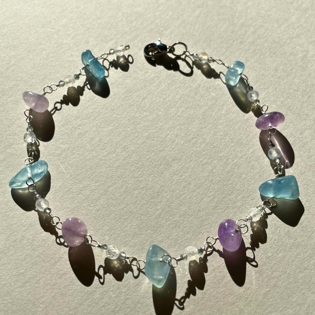 ◆シルバー925◆アクアマリン　アメジスト　レインボームーンストーン　ブレス