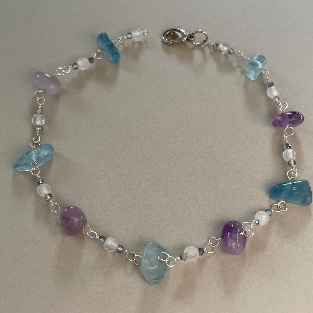◆シルバー925◆アクアマリン　アメジスト　レインボームーンストーン　ブレス
