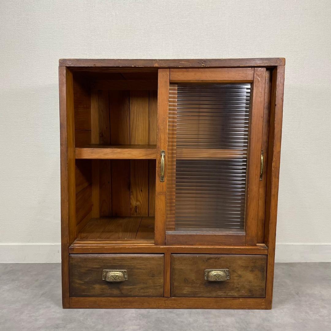 ヴィンテージ 木製本棚 モールガラス ガラスキャビネット 食器棚 古家具 収納