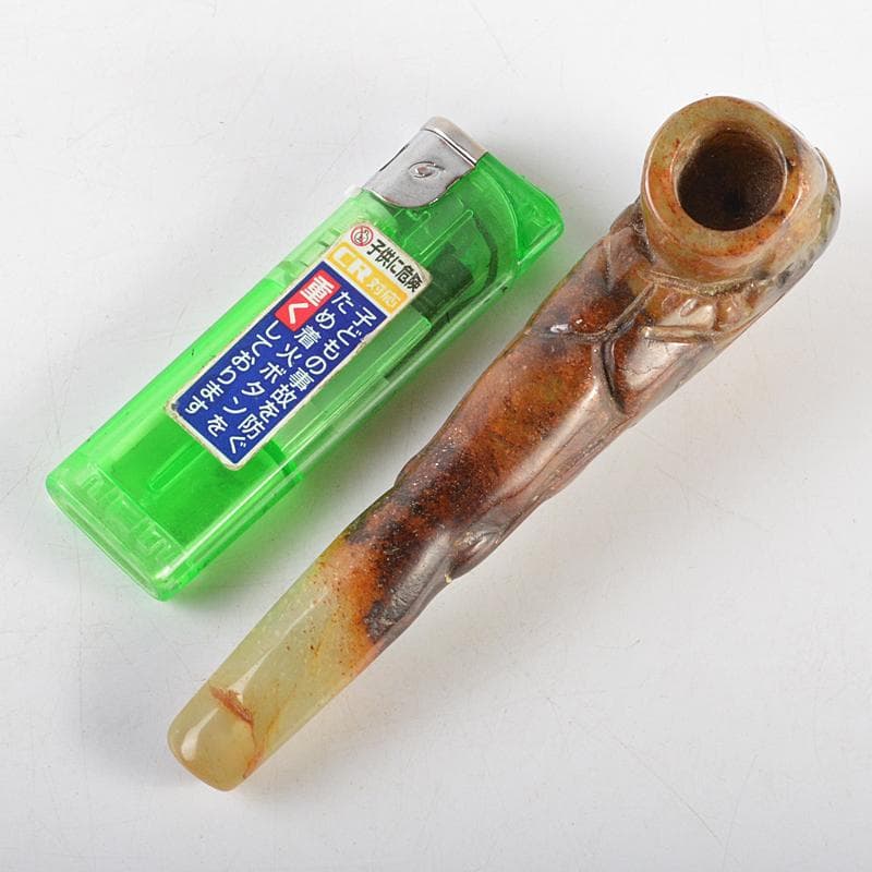 中国　玉石彫刻　神獣刻　パイプ　煙管　喫煙具　V　R5837