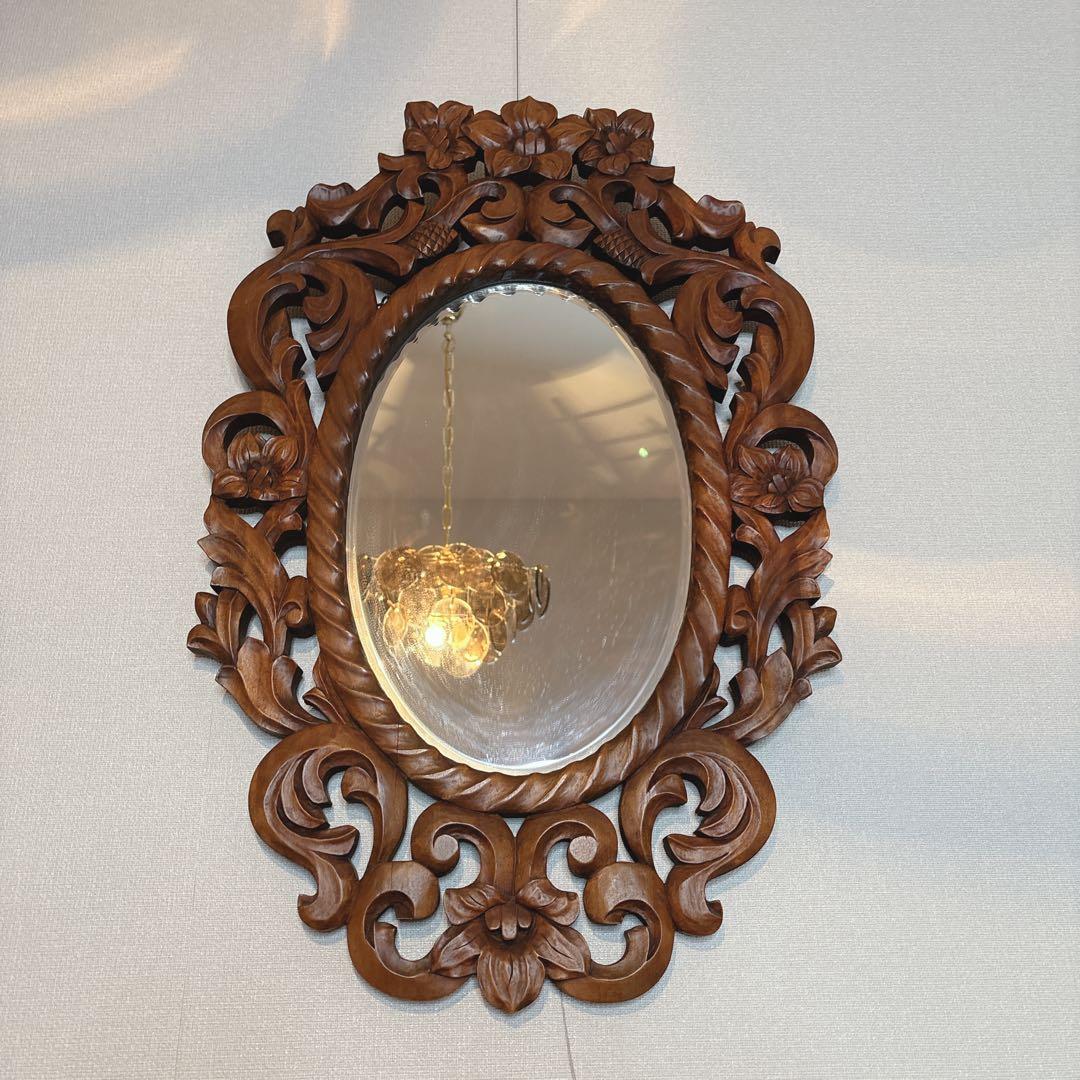 ウォールミラー 木彫り フローラルデザインオーバルミラー　ビンテージ　壁掛け鏡