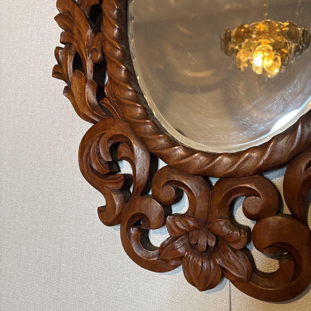 ウォールミラー 木彫り フローラルデザインオーバルミラー　ビンテージ　壁掛け鏡