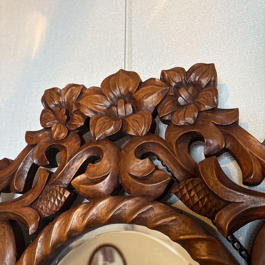 ウォールミラー 木彫り フローラルデザインオーバルミラー　ビンテージ　壁掛け鏡