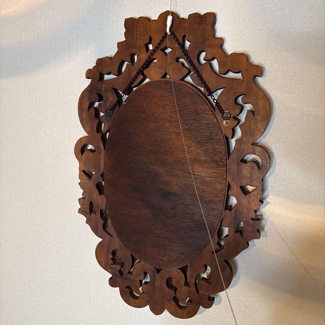 ウォールミラー 木彫り フローラルデザインオーバルミラー　ビンテージ　壁掛け鏡