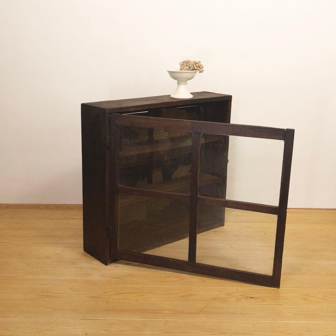 ガラス棚　開戸　木製　収納棚　古道具　古家具　和家具　ビンテージ　アンティーク