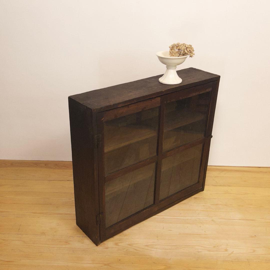 ガラス棚　開戸　木製　収納棚　古道具　古家具　和家具　ビンテージ　アンティーク