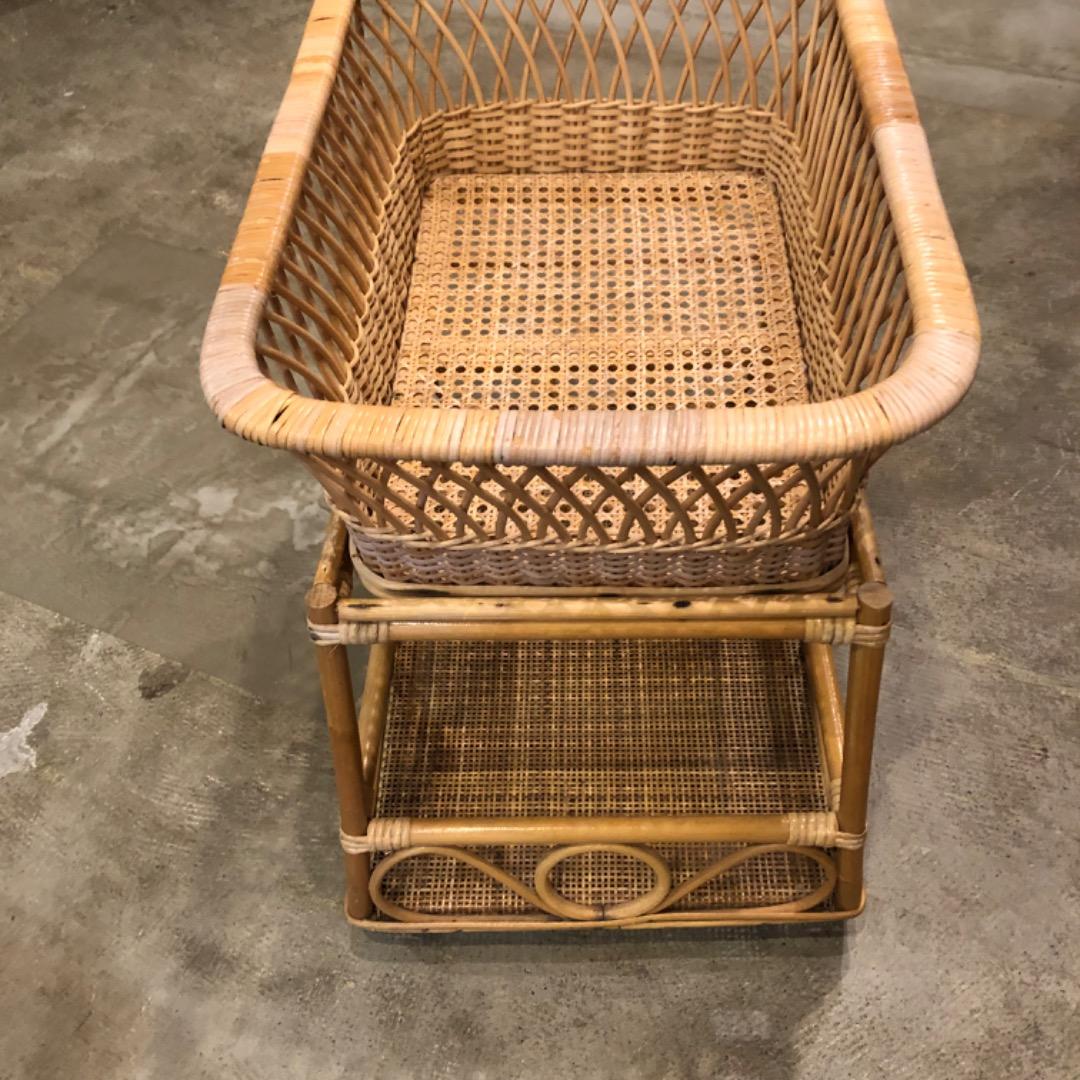 アンティーク　取り外し可能　脱衣カゴ　ラタン　2段　収納　バスケット　レトロ