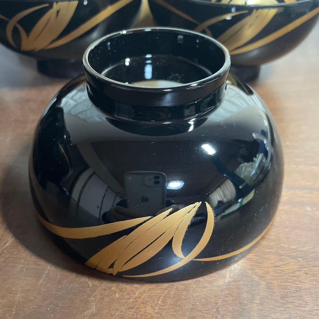 会津塗 漆器 金彩 美玲 黒 ラン 蓋付お吸物椀 5客 雑煮椀 汁椀 吸椀