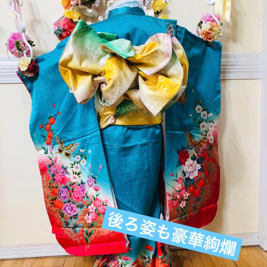 七五三7歳‼️豪華正絹Blue暈し‼️蝶々薔薇金彩金箔‼️完全フルセット✨プリンセス❤️