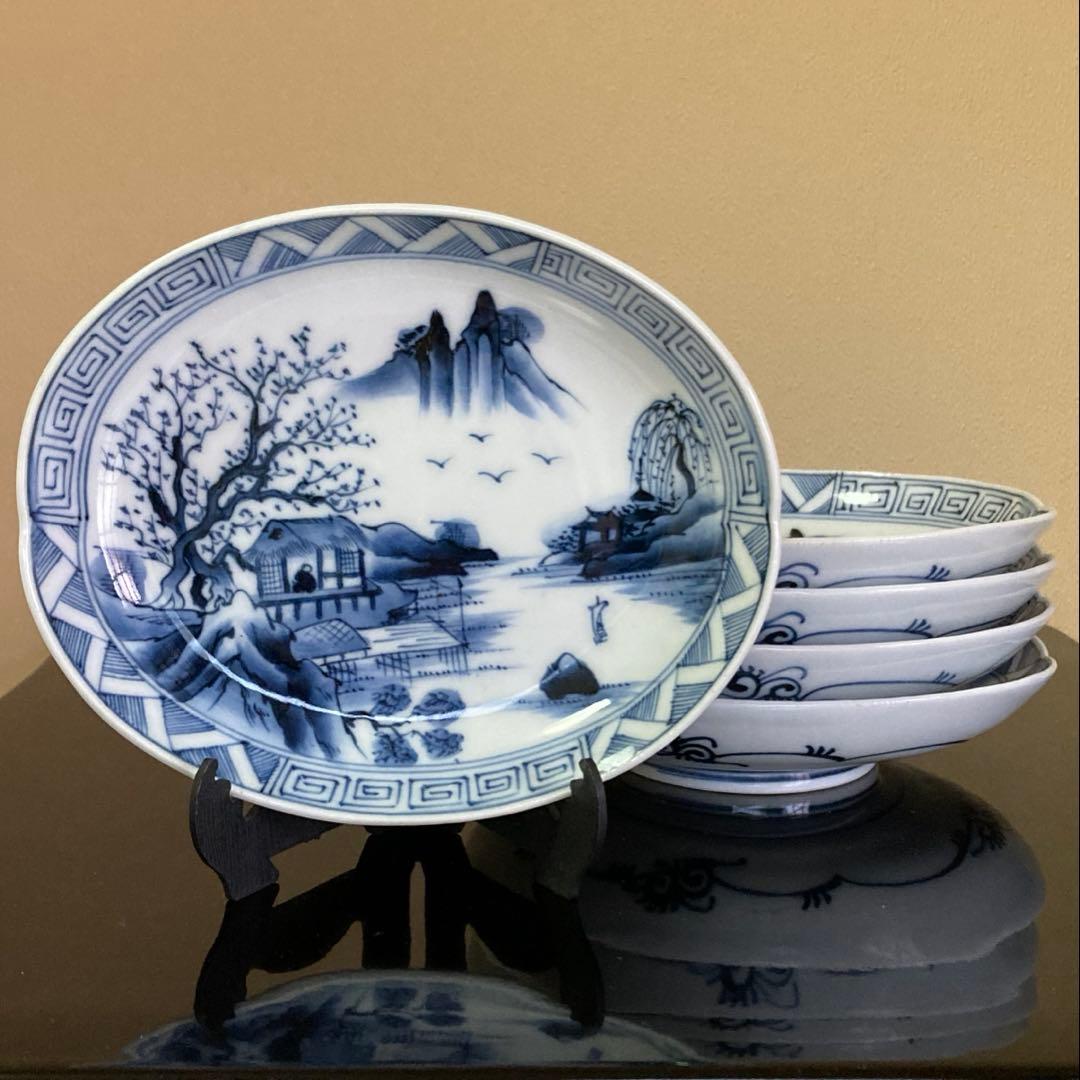 有田焼 古伊万里 忠山 染付 吉祥紋見込みに山水画 楕円皿 5枚揃 - メルカリ