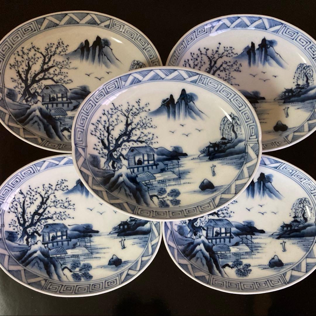 有田焼 古伊万里 忠山 染付 吉祥紋見込みに山水画 楕円皿 5枚揃 - メルカリ
