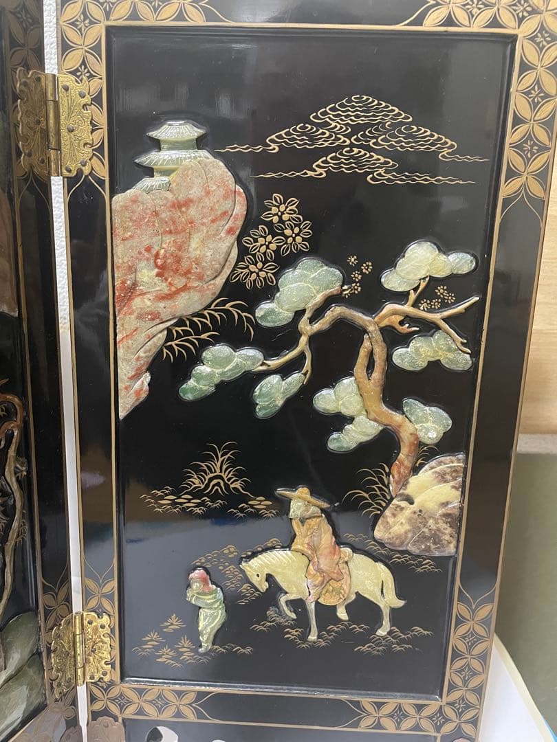 美品屏風　玉石細工　屏風 4パネル 玉石象嵌