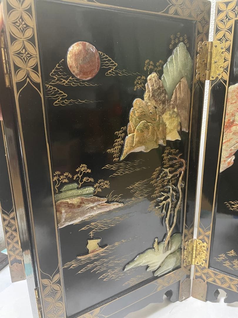 美品屏風　玉石細工　屏風 4パネル 玉石象嵌
