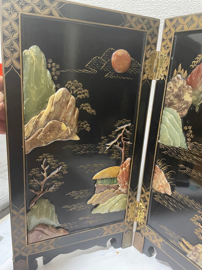 美品屏風　玉石細工　屏風 4パネル 玉石象嵌