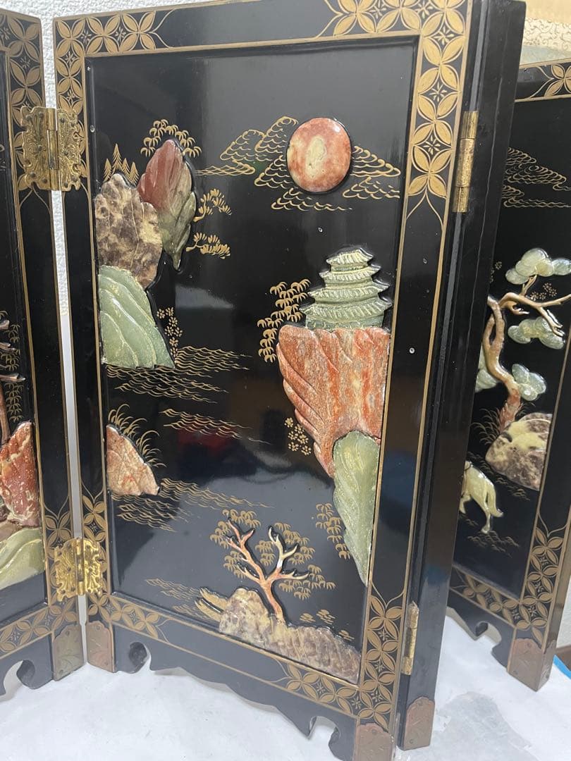 美品屏風　玉石細工　屏風 4パネル 玉石象嵌