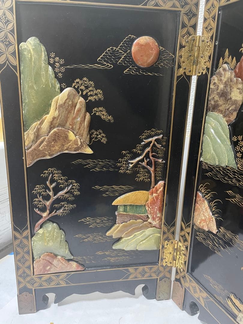 美品屏風　玉石細工　屏風 4パネル 玉石象嵌