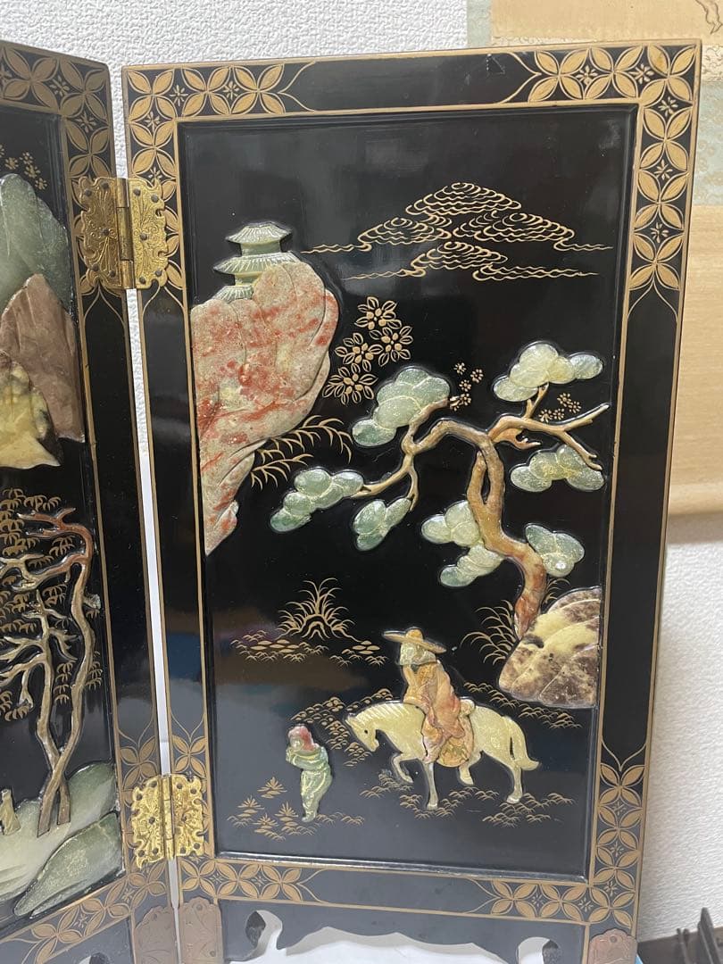 美品屏風　玉石細工　屏風 4パネル 玉石象嵌