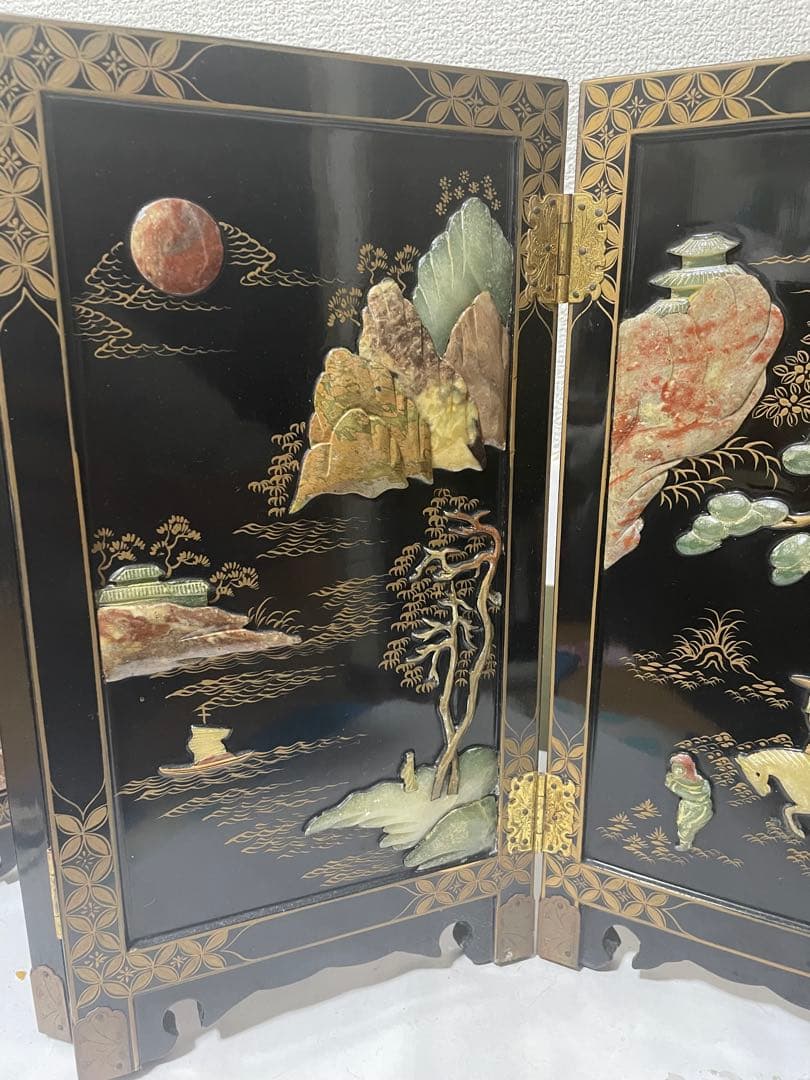 美品屏風　玉石細工　屏風 4パネル 玉石象嵌
