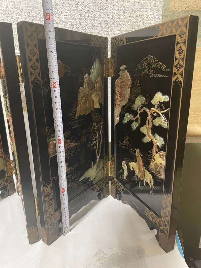 美品屏風　玉石細工　屏風 4パネル 玉石象嵌