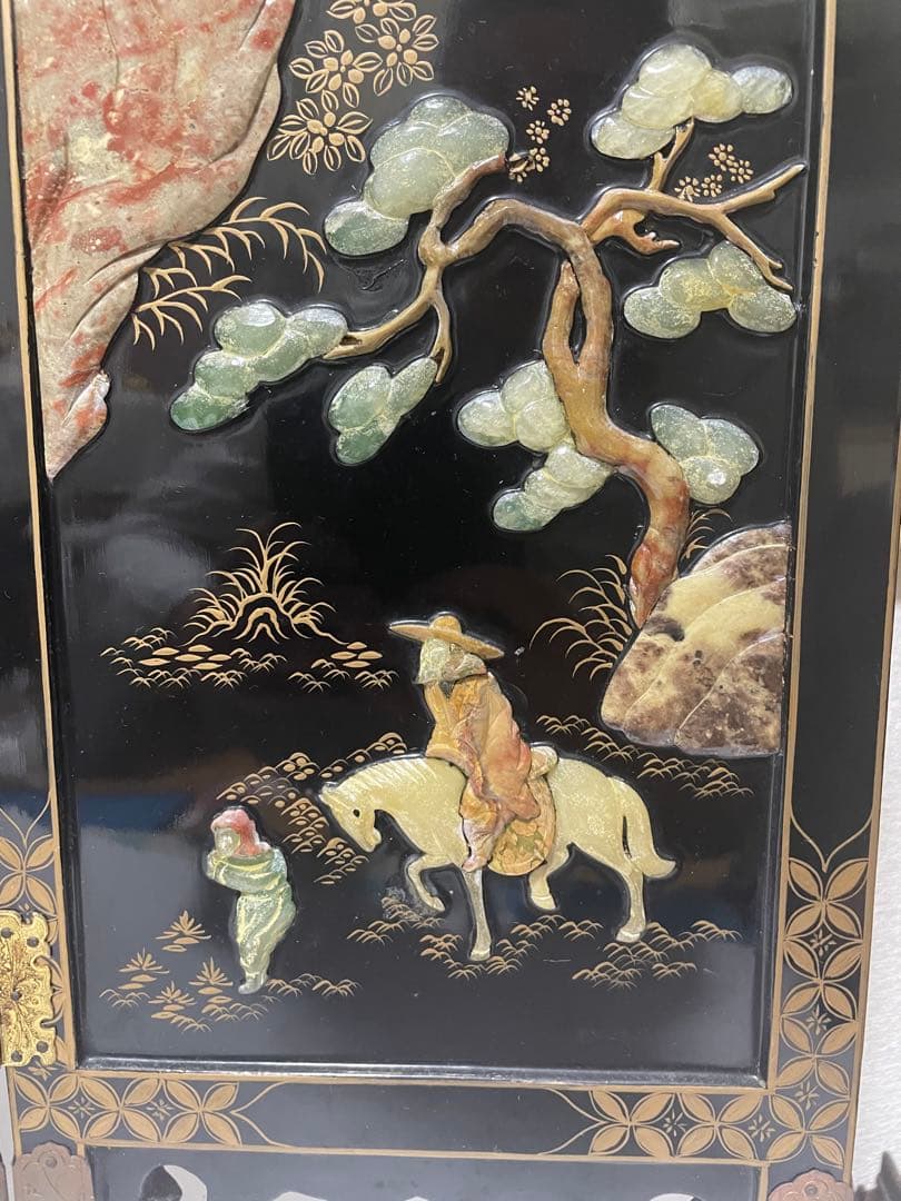 美品屏風　玉石細工　屏風 4パネル 玉石象嵌
