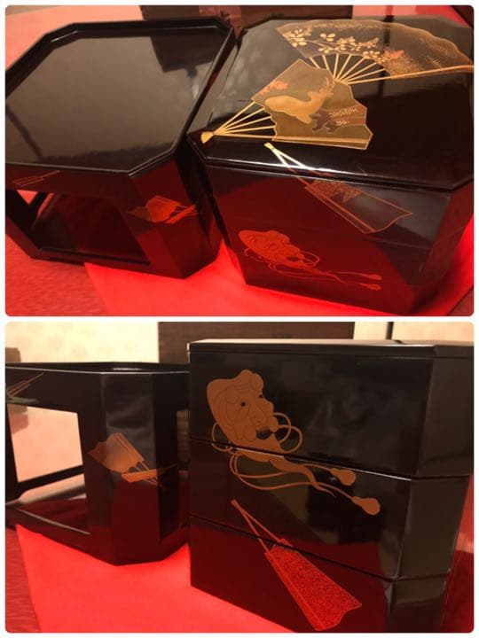 蒔絵 能楽 八角三段重箱 台付き