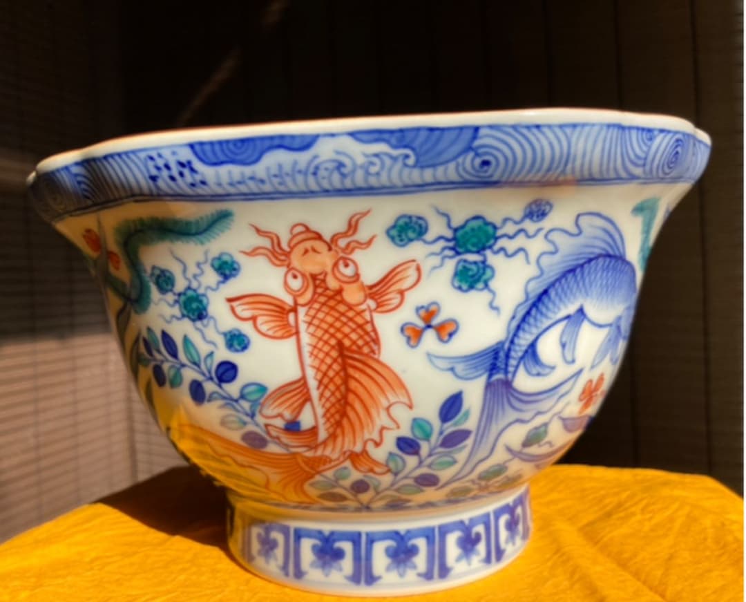 辻常陸　十四代　染錦 魚藻水禽文 菓子鉢 一点