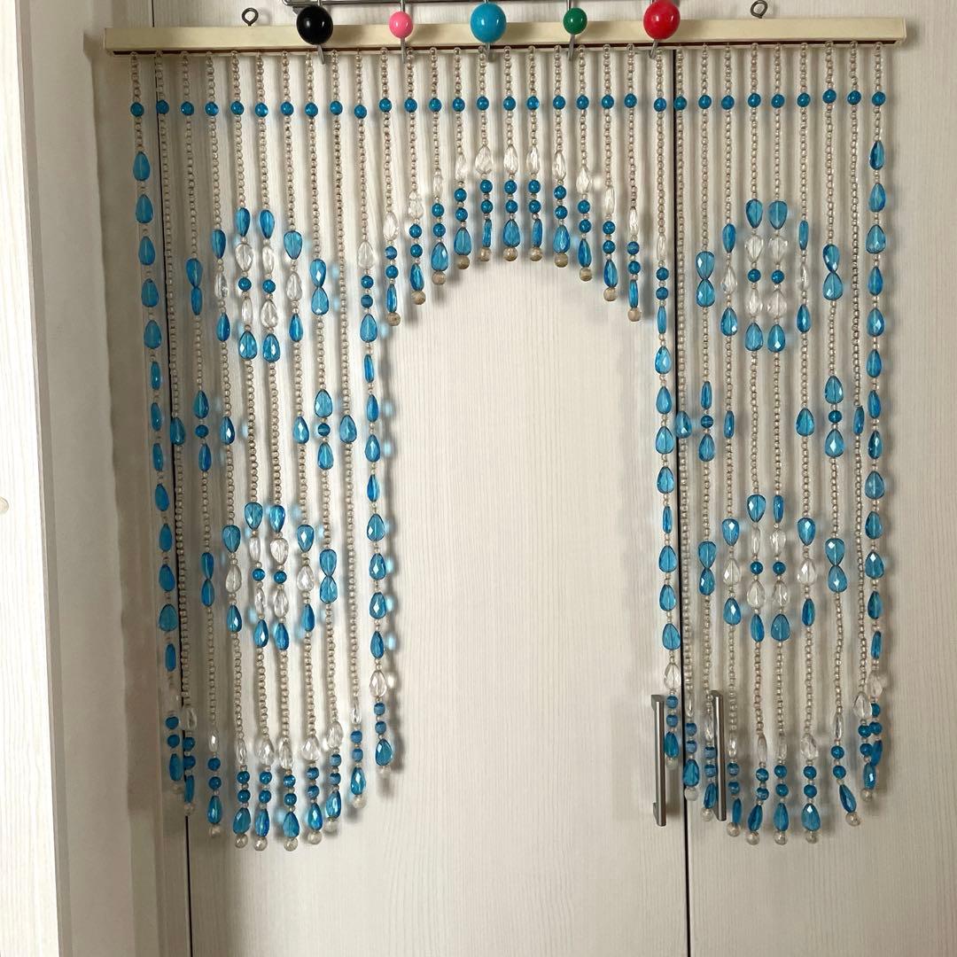 青と透明のビーズのれん 花模様 昭和レトロ すだれ インテリア 85