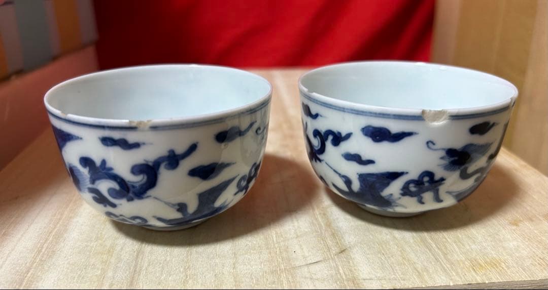 時代物 染付　雲龍図　煎茶碗4客　幅8.1㎝。y626