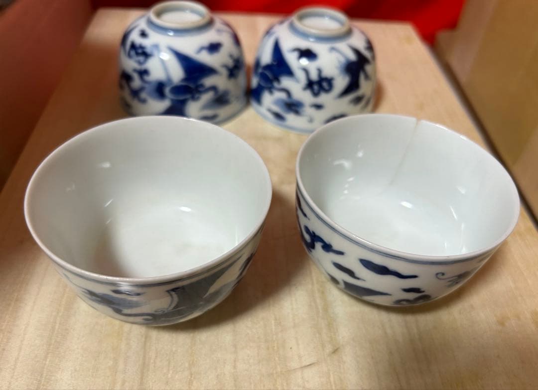 時代物 染付　雲龍図　煎茶碗4客　幅8.1㎝。y626