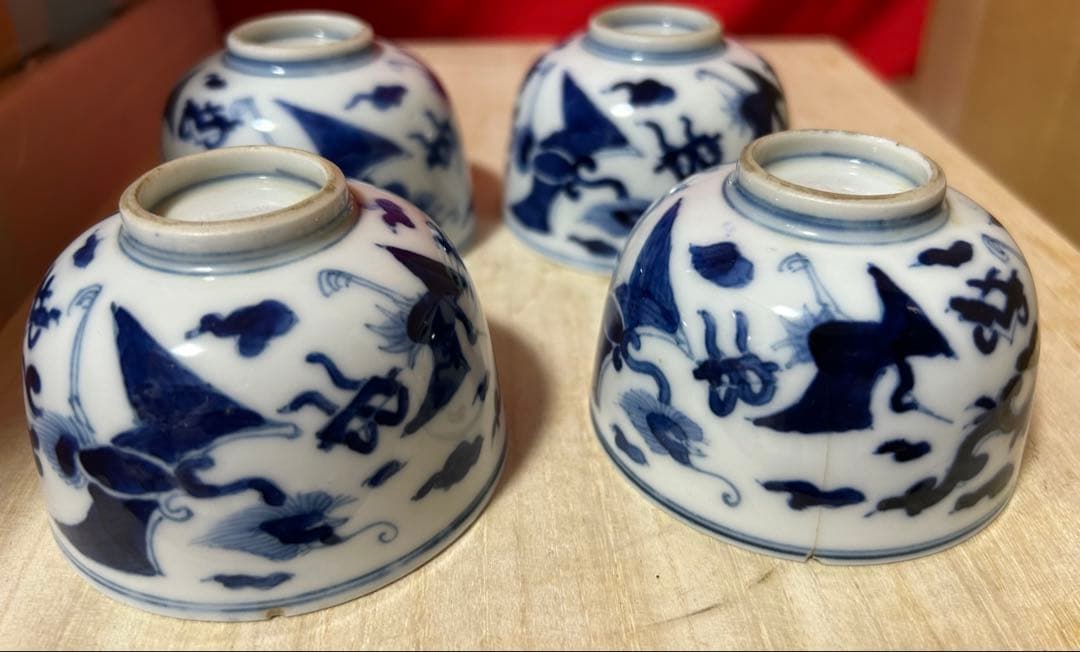 時代物 染付　雲龍図　煎茶碗4客　幅8.1㎝。y626