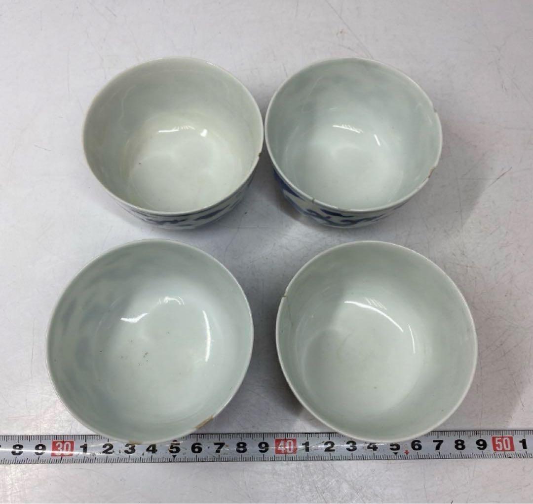 時代物 染付　雲龍図　煎茶碗4客　幅8.1㎝。y626