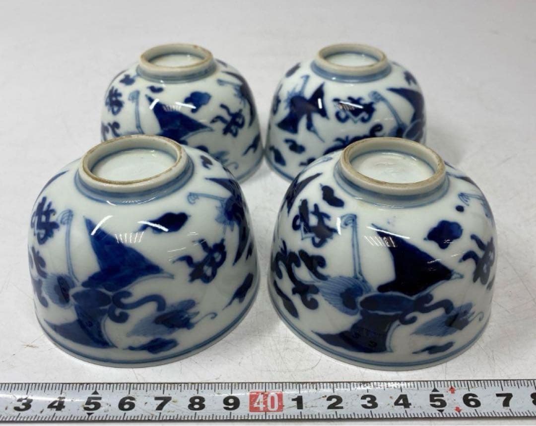 時代物 染付　雲龍図　煎茶碗4客　幅8.1㎝。y626