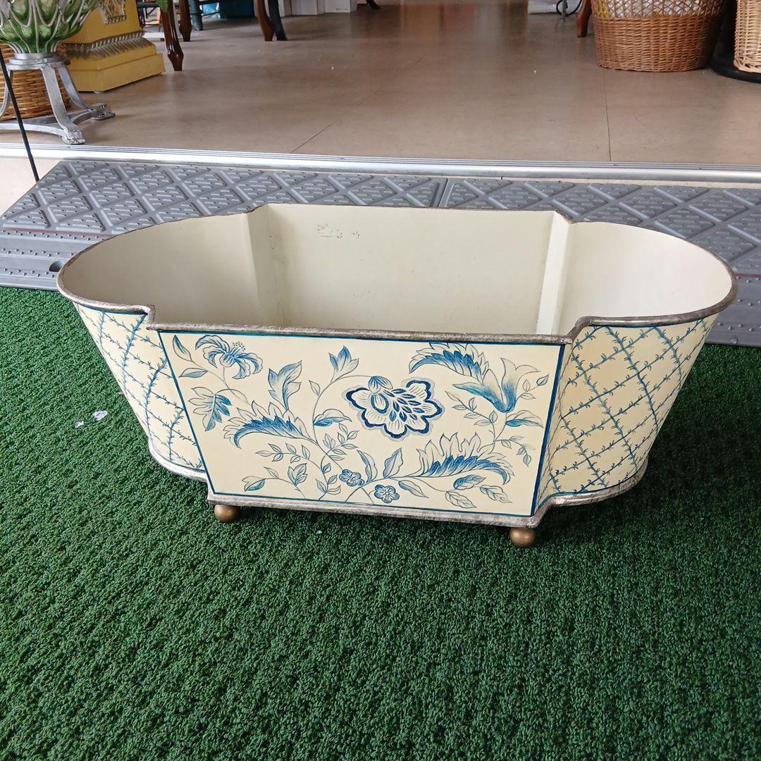 昭和レトロ アンティーク カントリー 青い花柄のオーバルプランター