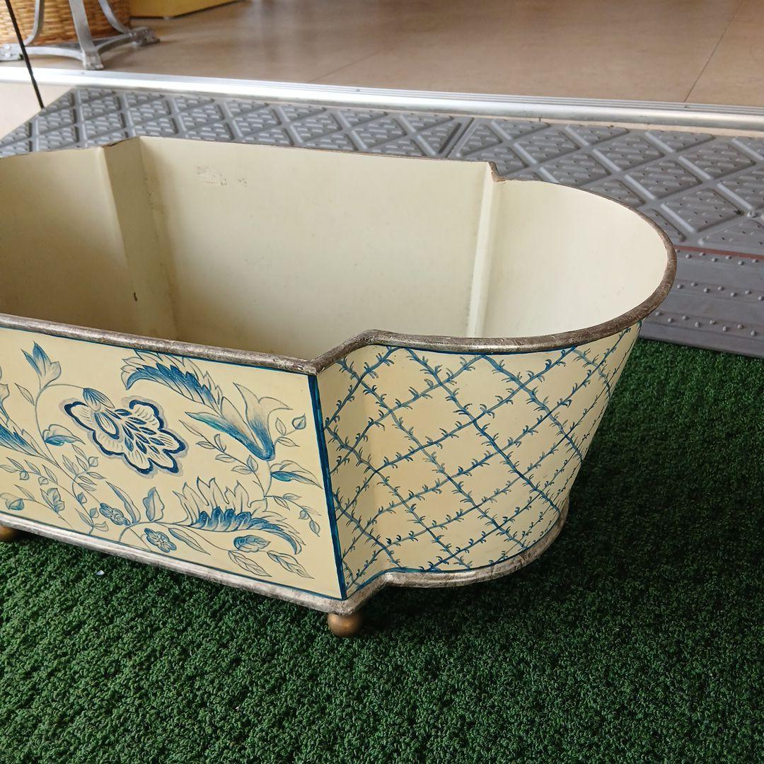 昭和レトロ アンティーク カントリー 青い花柄のオーバルプランター