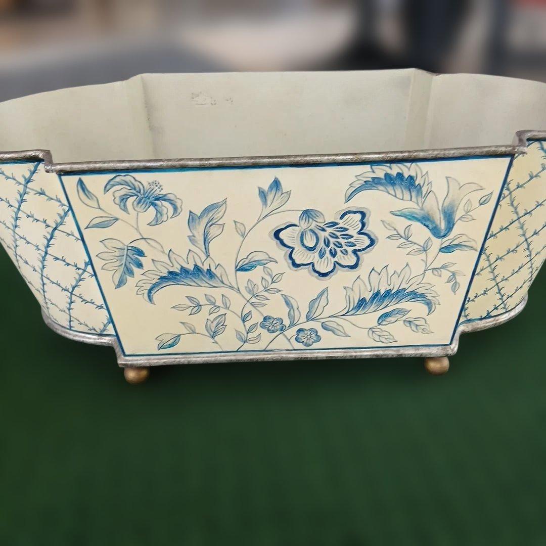 昭和レトロ アンティーク カントリー 青い花柄のオーバルプランター