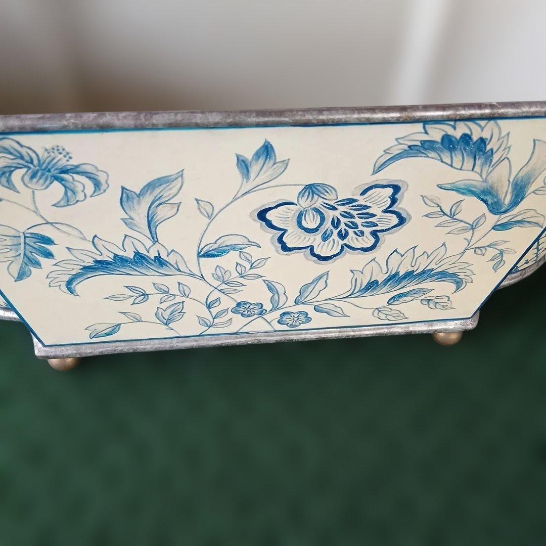 昭和レトロ アンティーク カントリー 青い花柄のオーバルプランター