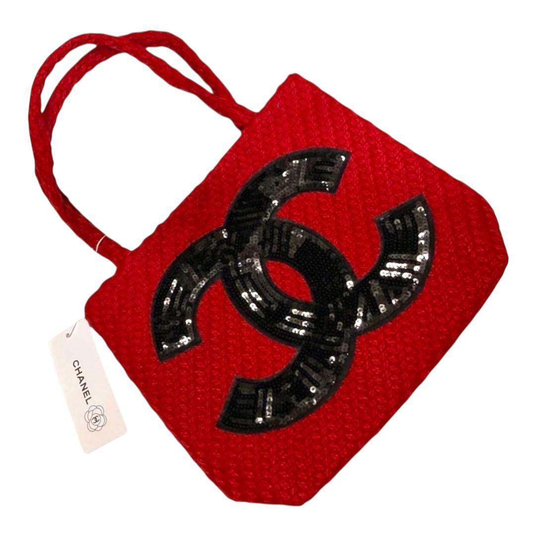 新品未使用】 CHANEL 赤 ニット ブラック スパンコール トートバッグ