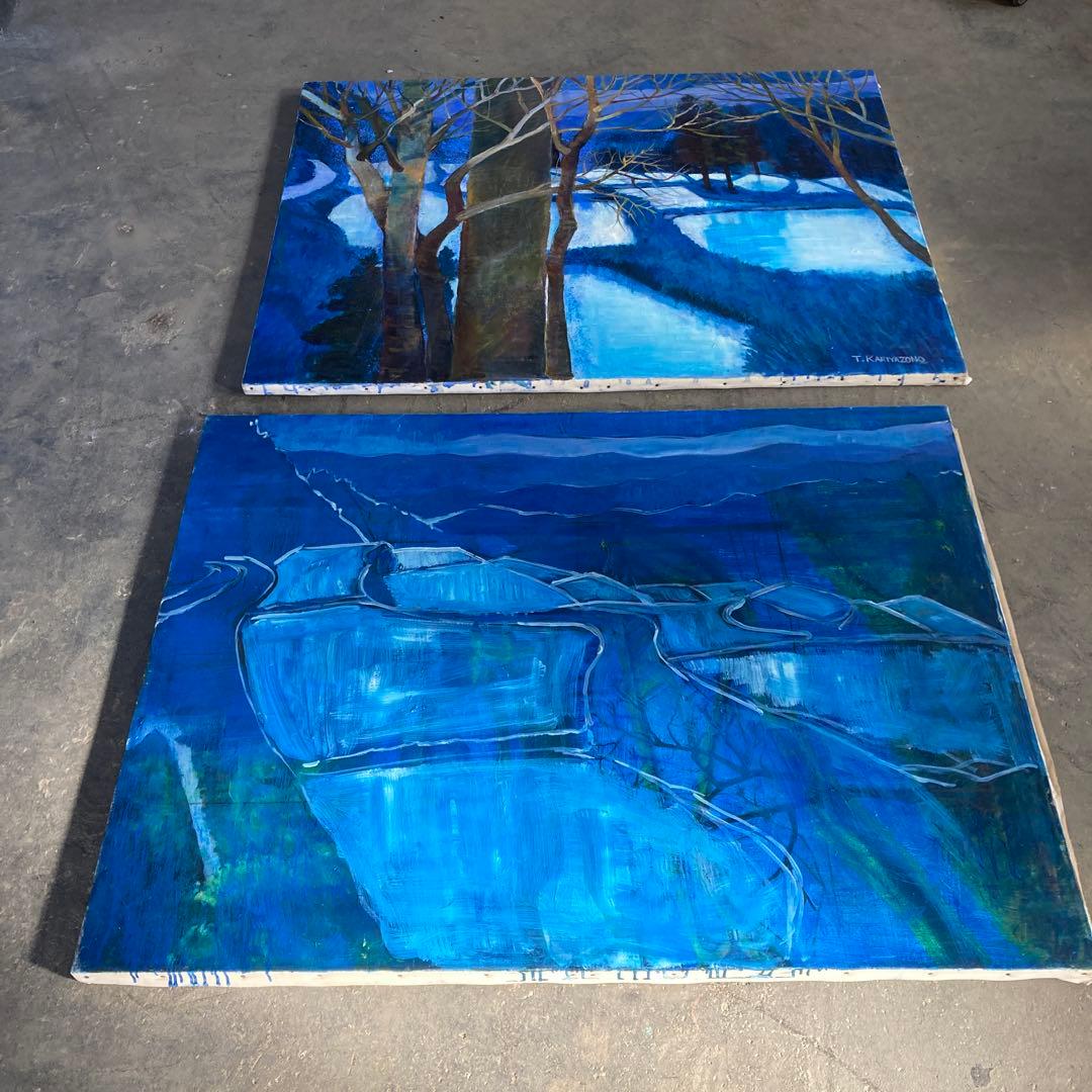 大型 F60号 青い絵 ブルー 油彩キャンバス 2点セット 引き取り可能