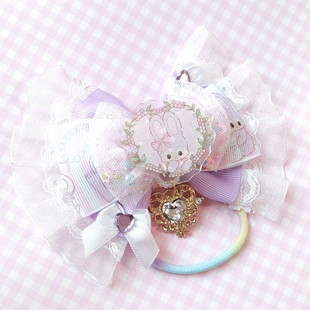 ハンドメイド★キッズリボンヘアゴム★紫★大きめ★うさぎ★きらきらチャーム付き