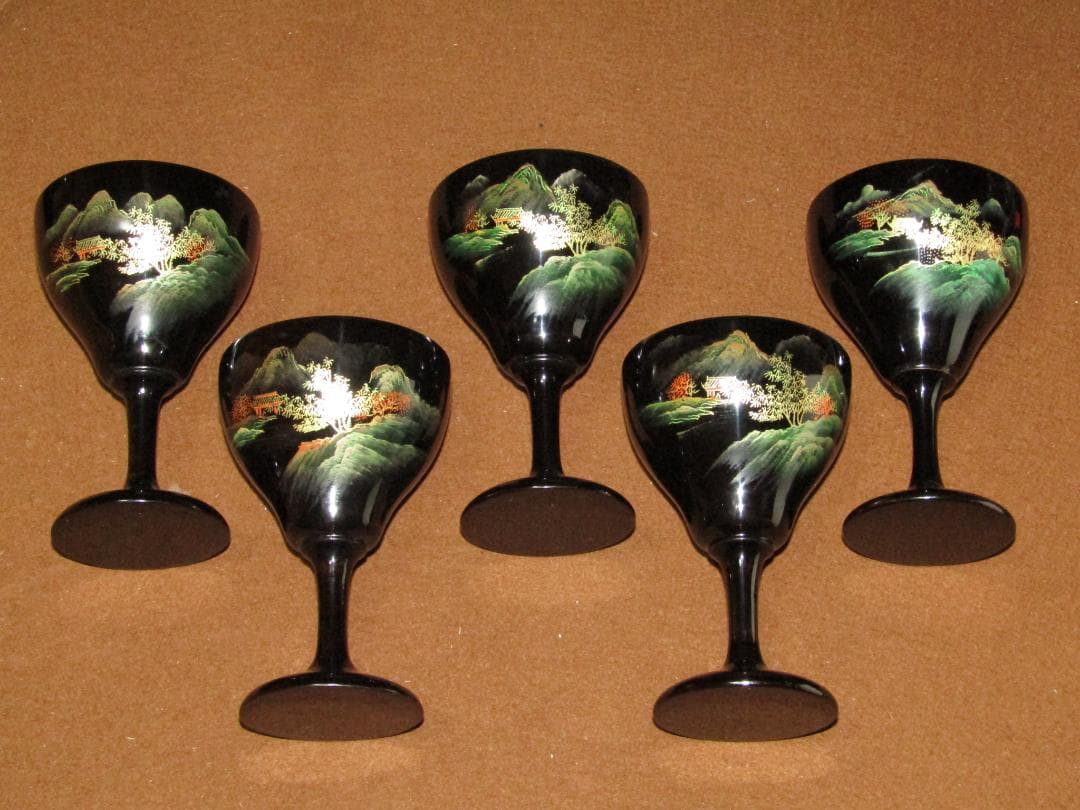 中国漆器 山水図蒔絵 洋酒器揃 リキュールグラス・シェーカー・トレイ
