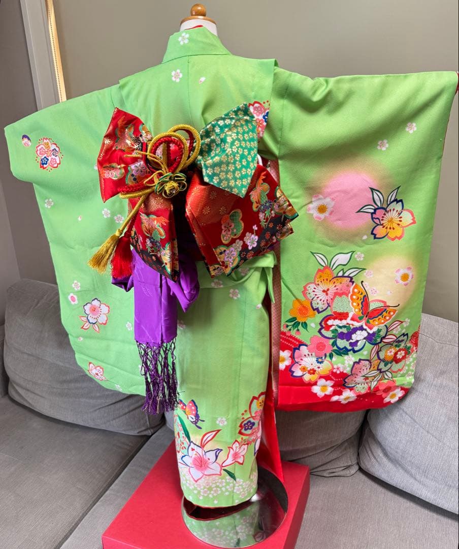 7歳七五三セット　着物草履バッグ付き　黄緑系①