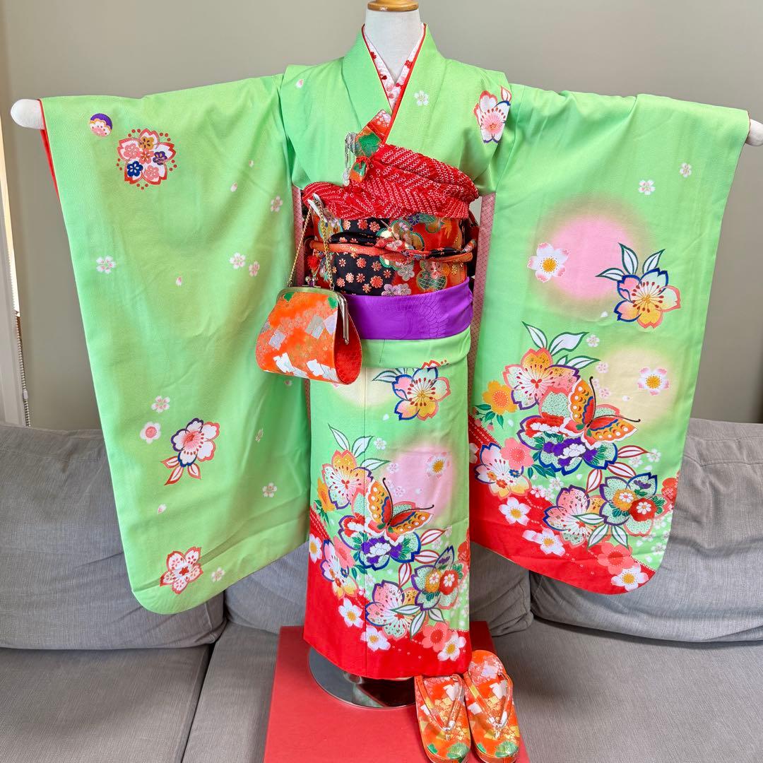 7歳七五三セット　着物草履バッグ付き　黄緑系①