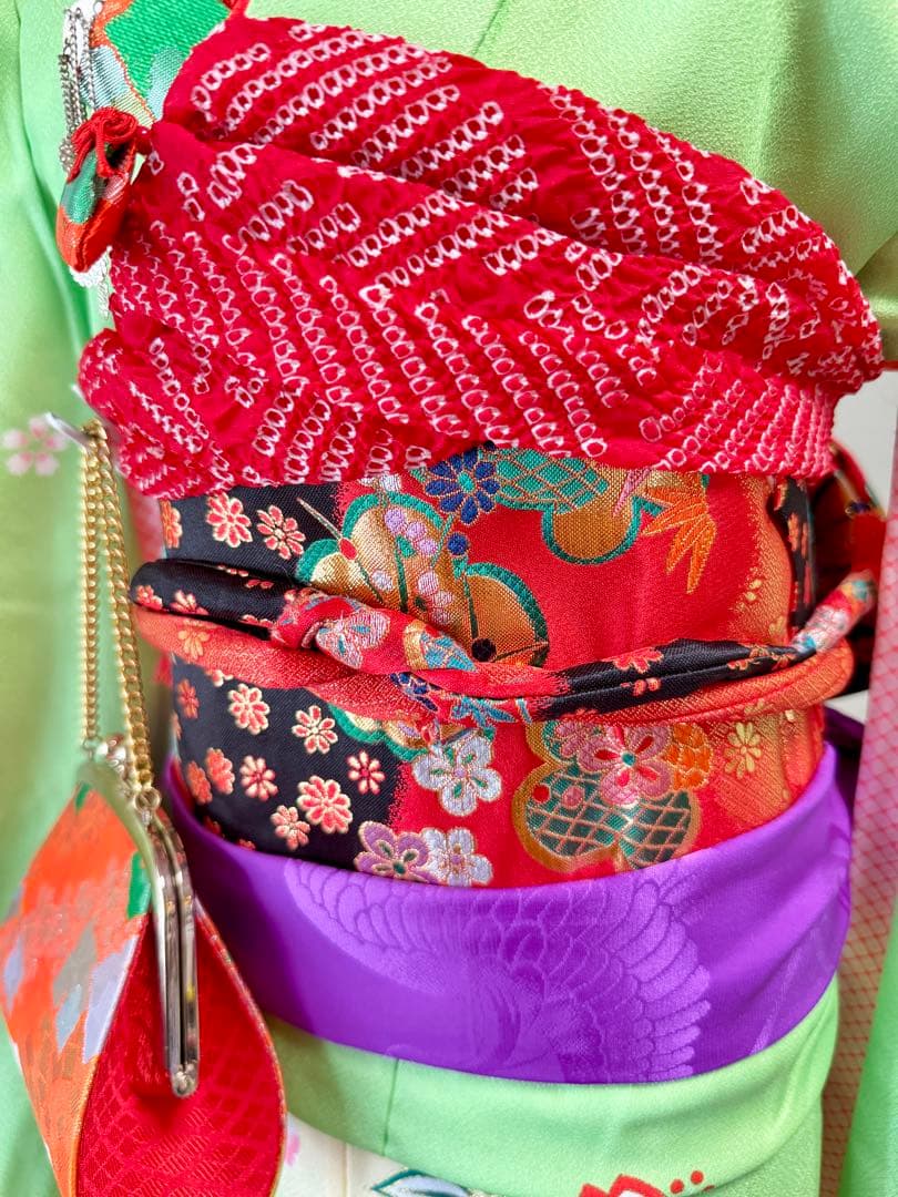 7歳七五三セット　着物草履バッグ付き　黄緑系①