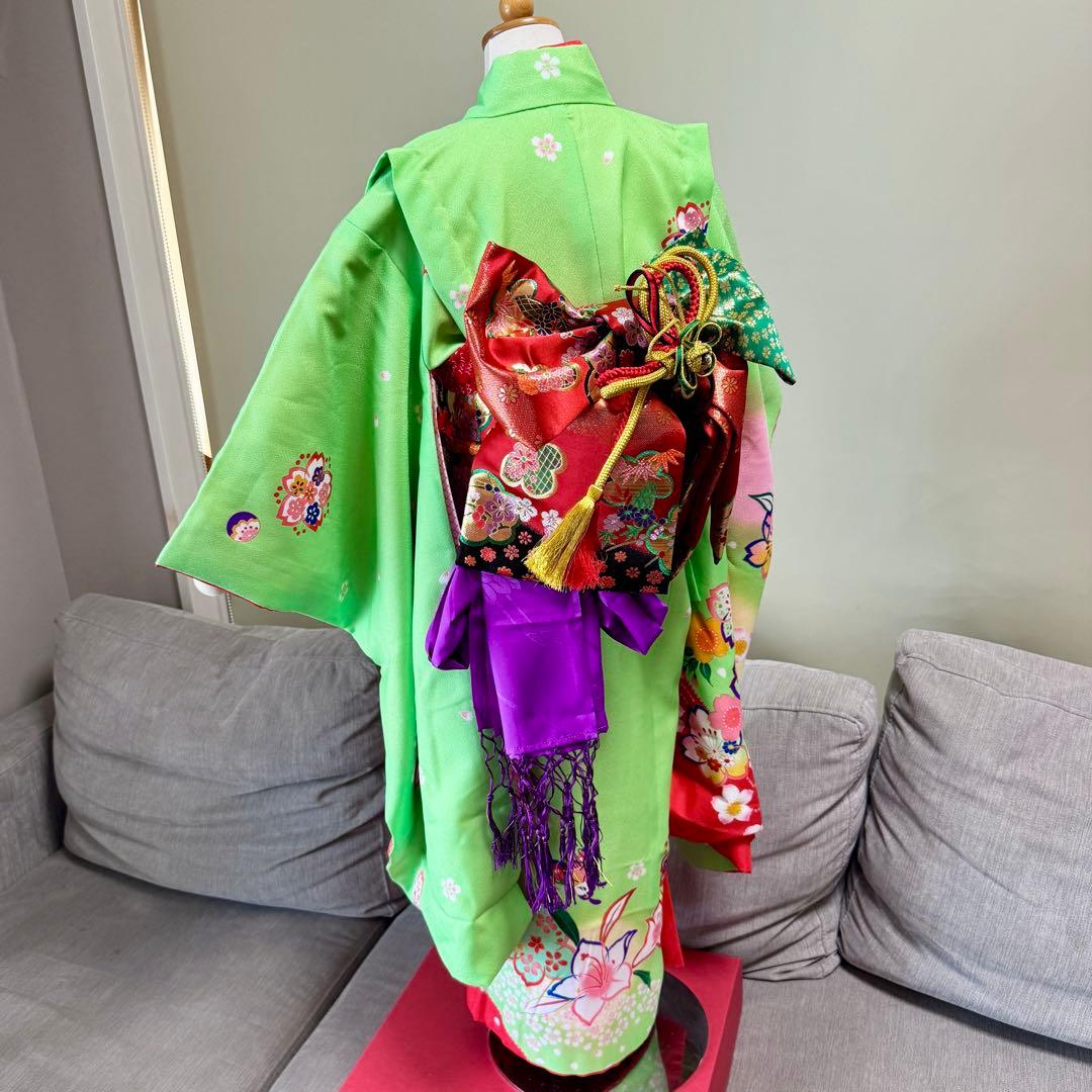 7歳七五三セット　着物草履バッグ付き　黄緑系①