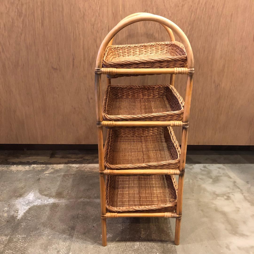 アンティーク　ラタン　籐　4段オープンラック　バスケット　取り外し可能　かご収納