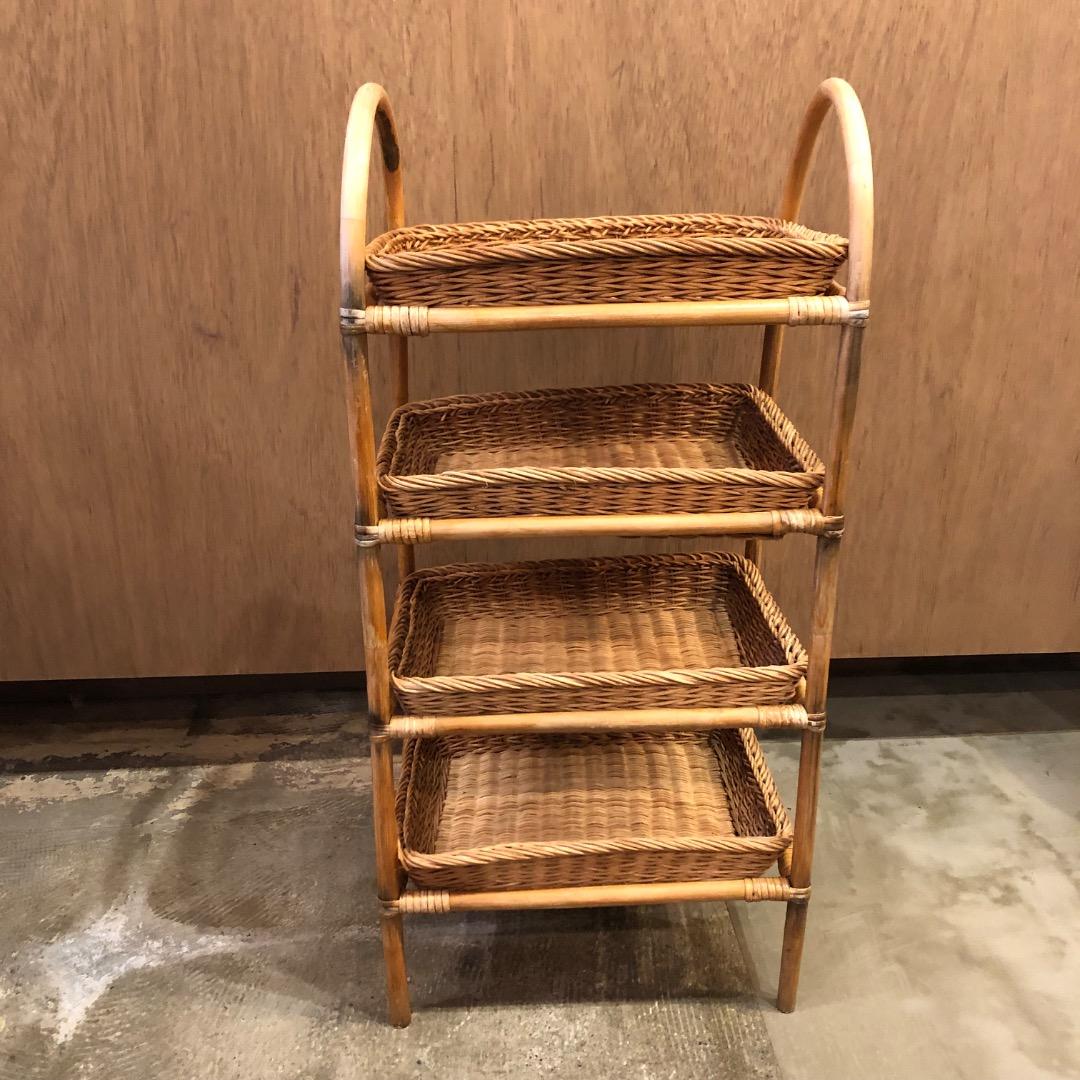 アンティーク　ラタン　籐　4段オープンラック　バスケット　取り外し可能　かご収納
